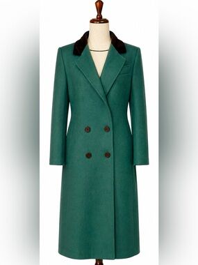 Vintage Long wool & black velvet Double-Breasted Women's Coat in Forest Green. L